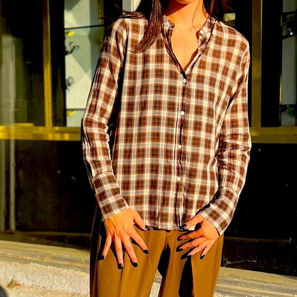 Nili Lotan Brown & White Plaid Button-Up Shirt Women’s Small - Picture 1 of 6